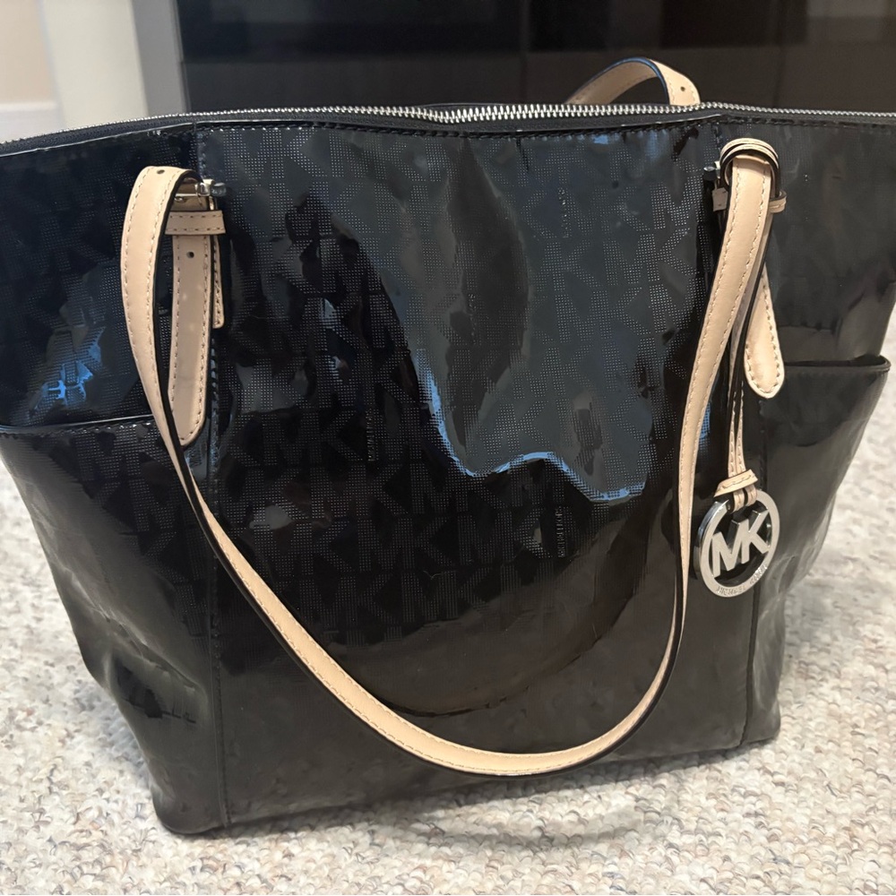 Michael Kors Glossy Black Tote with Tan Straps